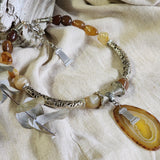 Layer Cake / Designer Jewelry Artisan Simple Necklace Vintage Silver Natural Agate Stone Boho Necklace Gift For Women