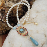 Living For / Designer Jewelry Solid Sterling Silver 925 14 kt Gold Pendant Genuine Amazonite Diamonds Rhodium Freshwater Pearls Gift