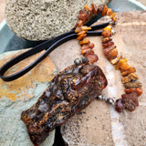Feeling Groovy / Designer Jewelry Raw Amber Nugget Pendant Hypoallergenic Black Leather Necklace Natural Amber Gift for Momen