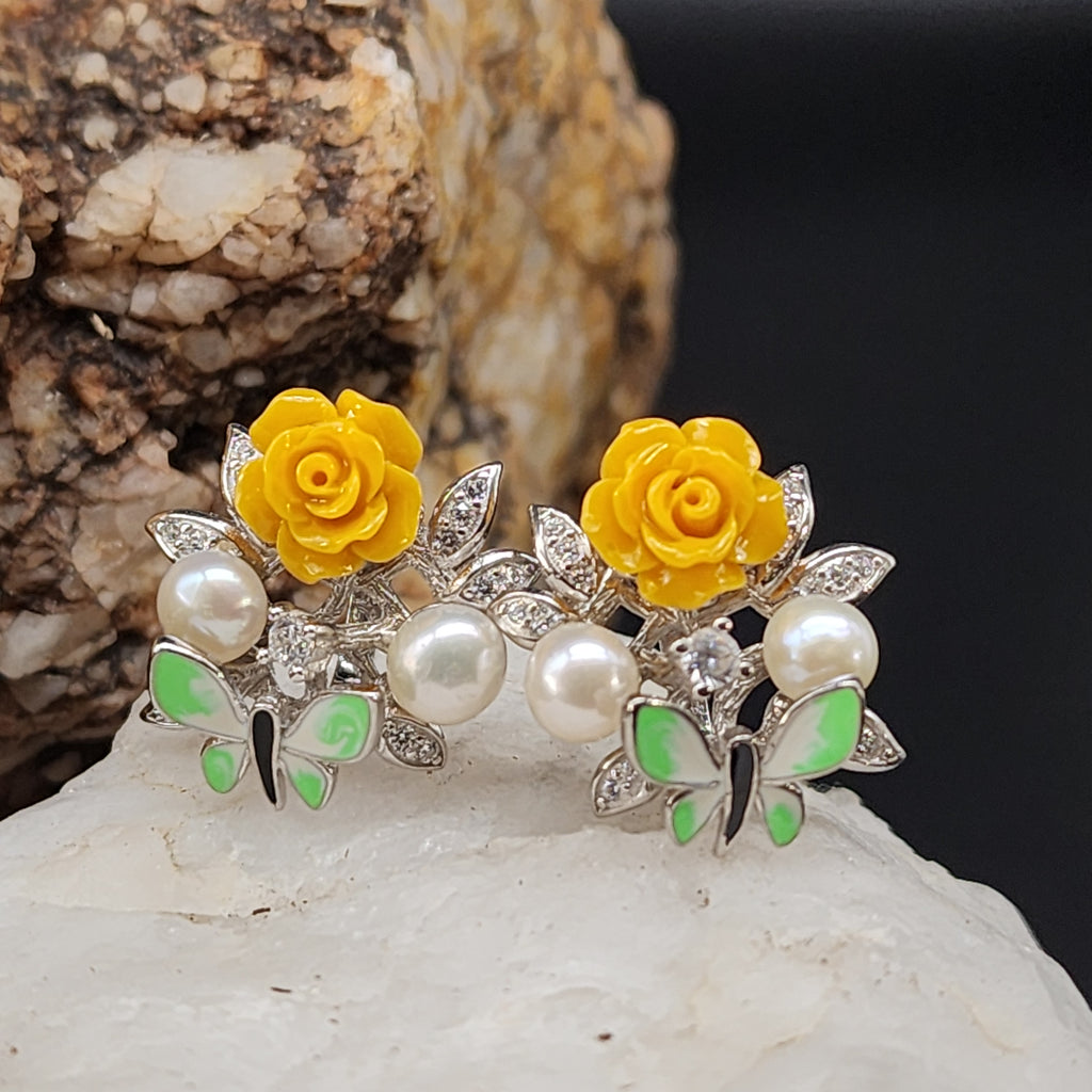 Passion Rose / Floral Jewelry Silver Earrings Natural Pearls Topas Stone Hypoallergenic Jewelry Most Popular Jewelry Gift For Women