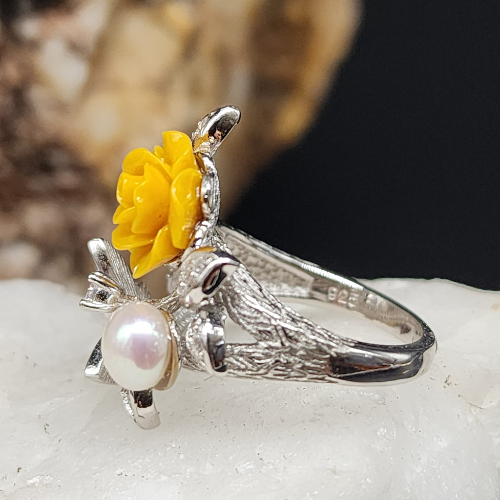 PASSION ROSE / 6.5 /  Floral Jewelry Silver Ring Natural Pearls Topaz Stone Hypoallergenic Jewelry Most Popular Jewelry Gift For Women