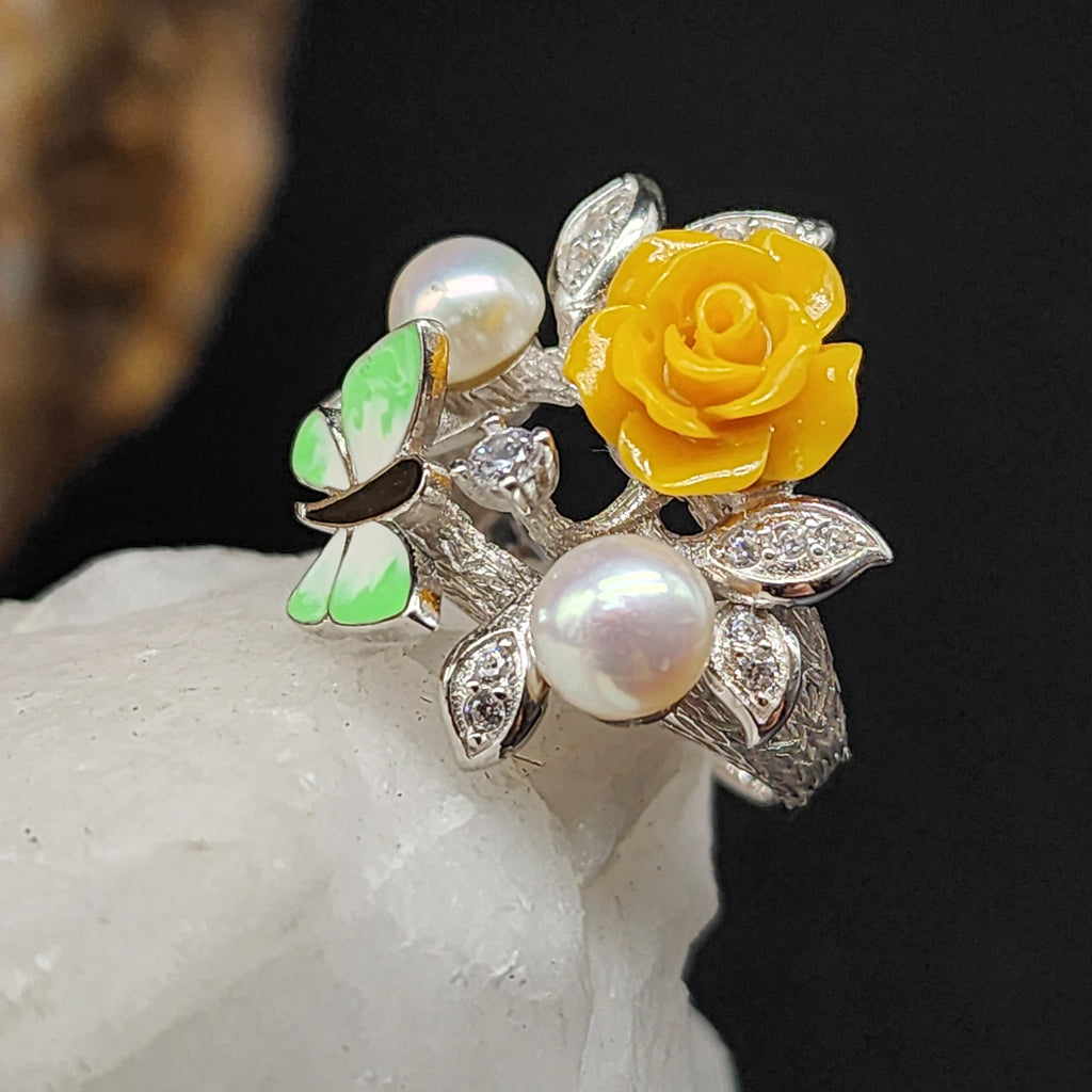 PASSION ROSE / 6.5 /  Floral Jewelry Silver Ring Natural Pearls Topaz Stone Hypoallergenic Jewelry Most Popular Jewelry Gift For Women