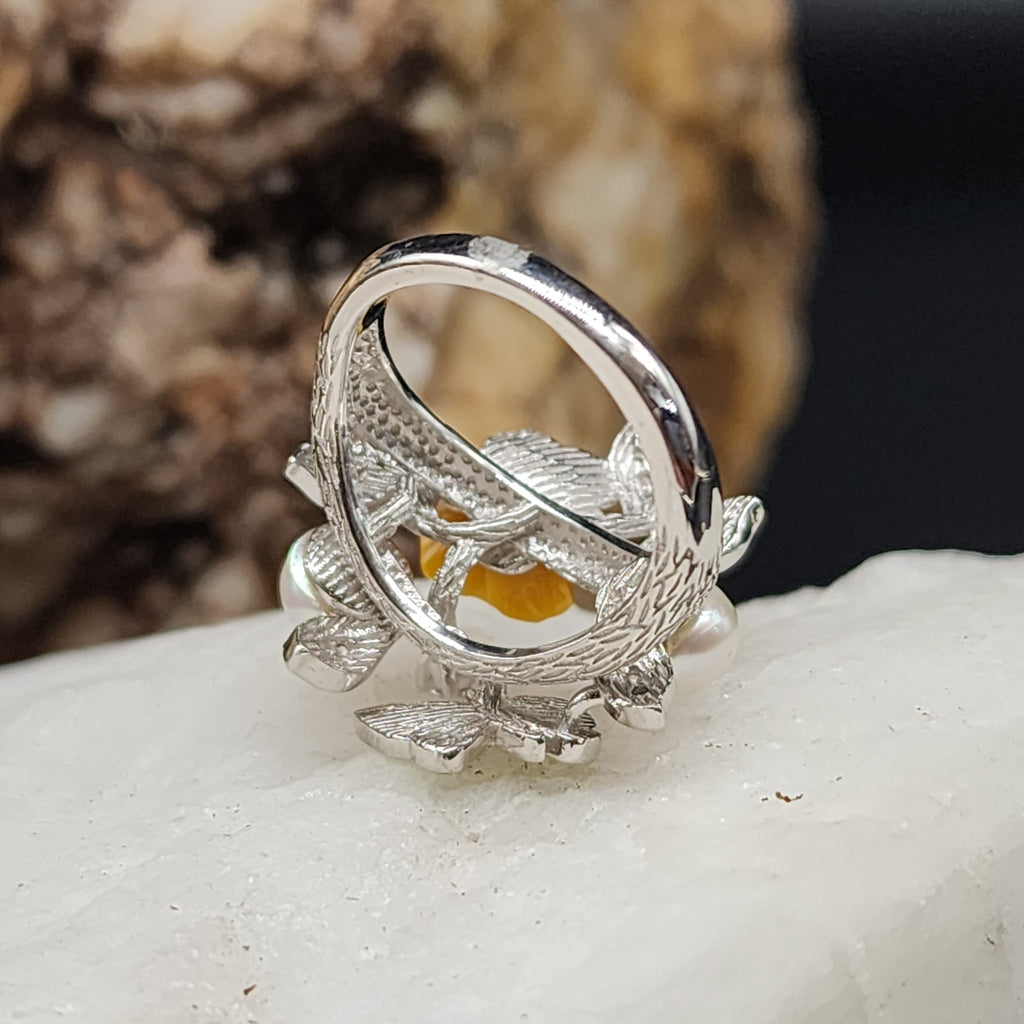 PASSION ROSE / 6.5 /  Floral Jewelry Silver Ring Natural Pearls Topaz Stone Hypoallergenic Jewelry Most Popular Jewelry Gift For Women