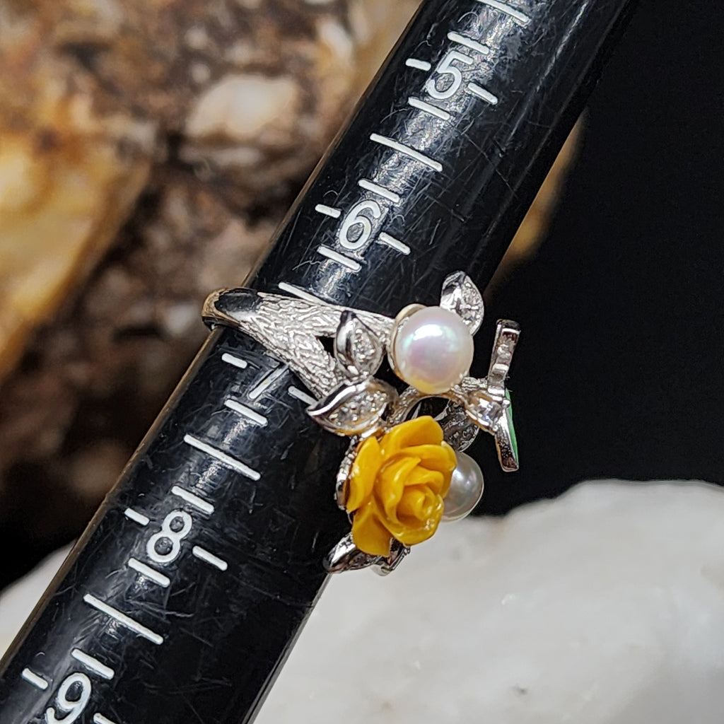 PASSION ROSE / 6.5 /  Floral Jewelry Silver Ring Natural Pearls Topaz Stone Hypoallergenic Jewelry Most Popular Jewelry Gift For Women
