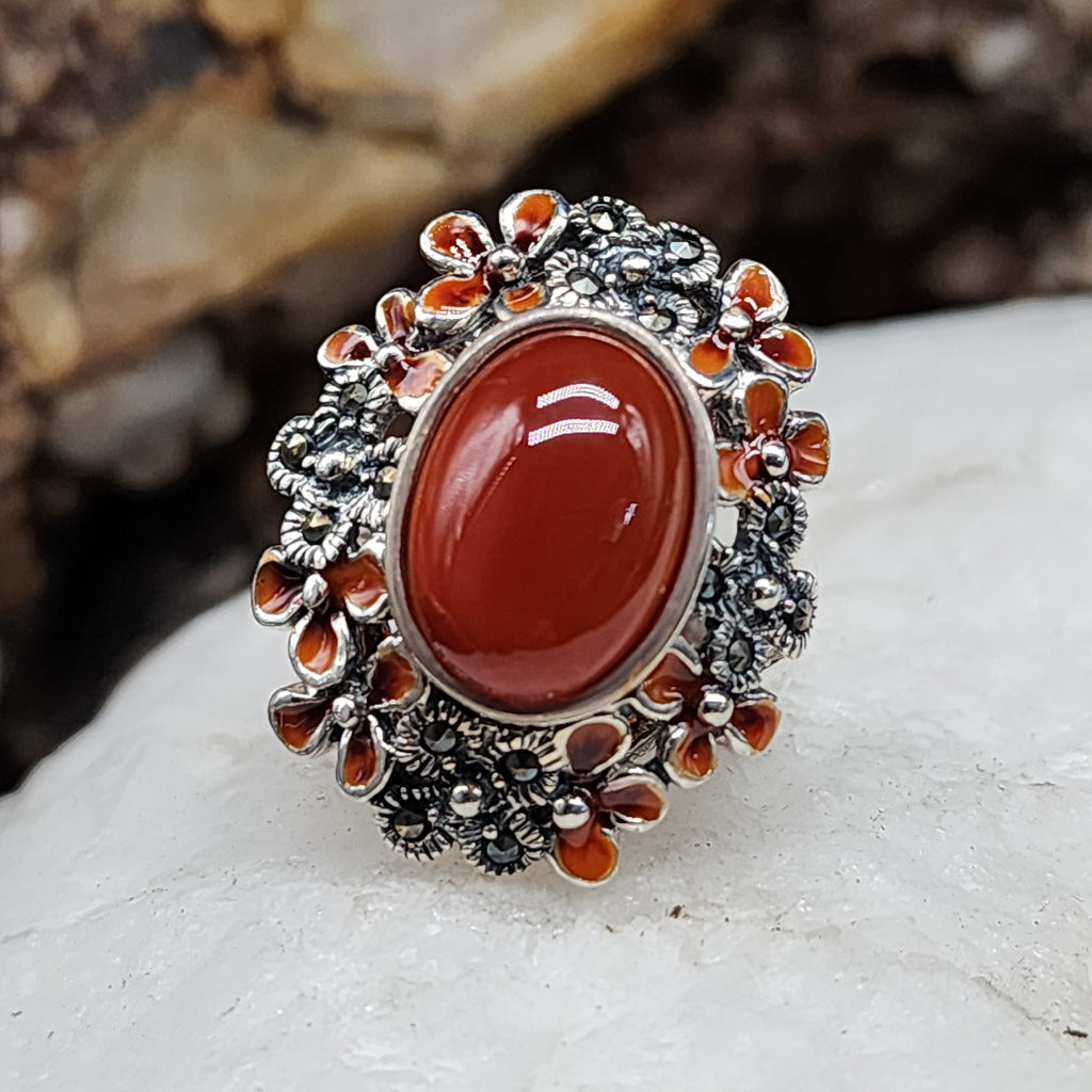 Rock Flower / 8 / Designer Jewelry Carnelian Stone Unique Ring Hypoallergenic Silver 925 Ring Gift for Momen