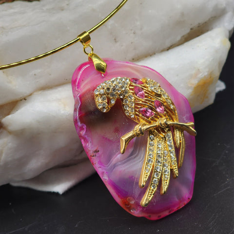 HOT ONE / Artisan Boho Necklace Designer Jewelry Gold Parrot Bird Pendant Natural Pink Agate Stone Unique Necklace Gift For Lady