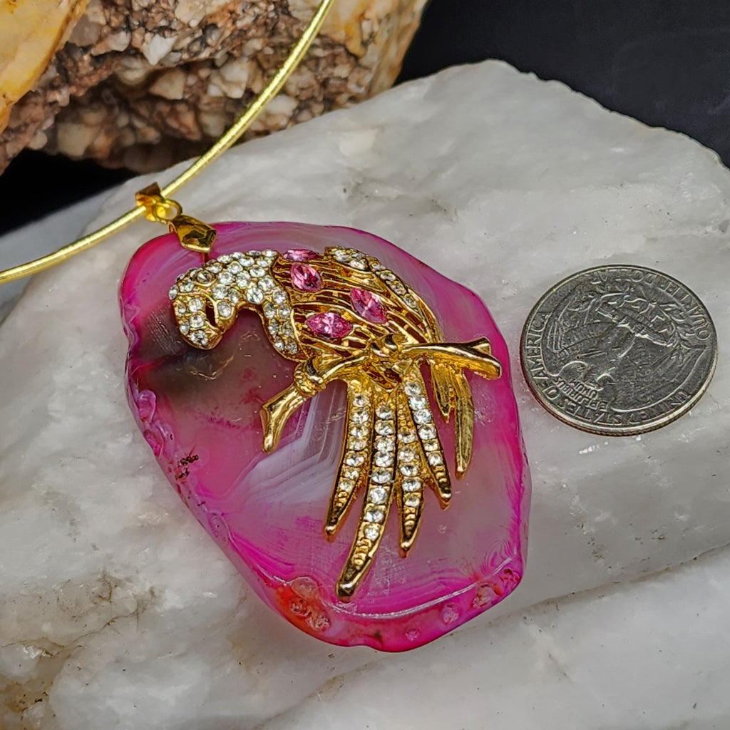 HOT ONE / Artisan Boho Necklace Designer Jewelry Gold Parrot Bird Pendant Natural Pink Agate Stone Unique Necklace Gift For Lady