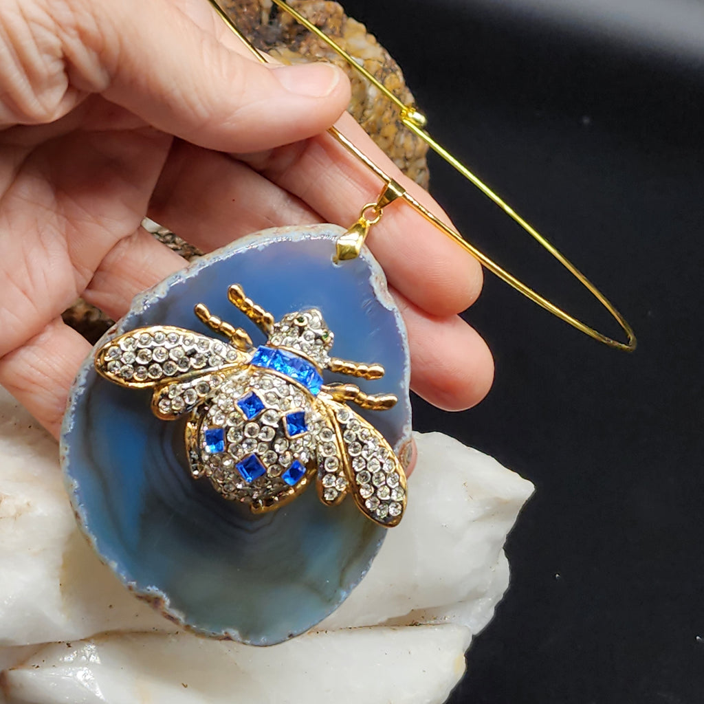 Stranger In Paradise /  Artisan Boho Necklace Designer Jewelry Gold Bee Pendant Natural Agate Stone Unique Necklace Gift For Lady