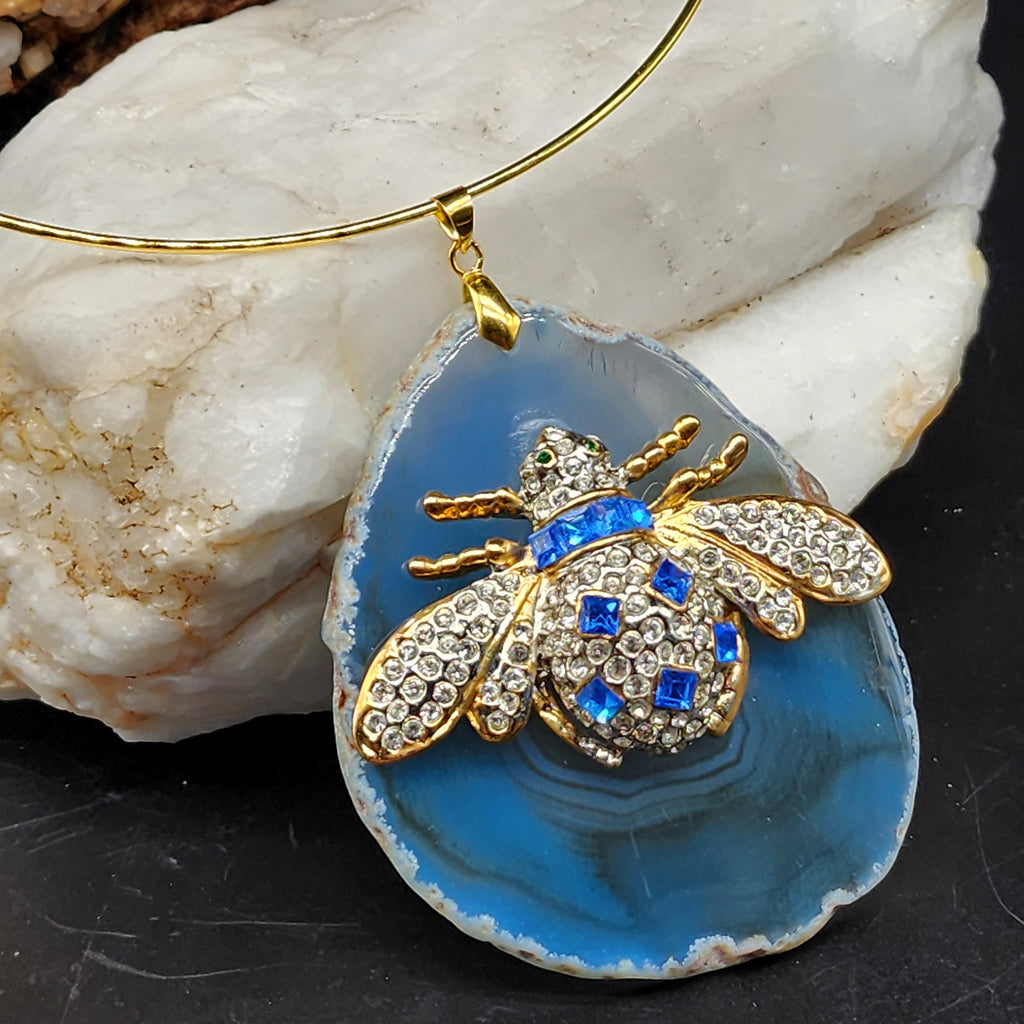 Stranger In Paradise /  Artisan Boho Necklace Designer Jewelry Gold Bee Pendant Natural Agate Stone Unique Necklace Gift For Lady