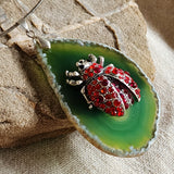 Just The Sweet Thing / Artisan Boho Necklace Designer Jewelry Silver Lady Bug Pendant Natural Green Agate Stone Unique Necklace