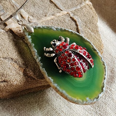 Just The Sweet Thing / Artisan Boho Necklace Designer Jewelry Silver Lady Bug Pendant Natural Green Agate Stone Unique Necklace