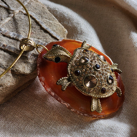 Island Retreat / Artisan Boho Necklace Designer Jewelry Silver Turtle Pendant Natural Red Agate Stone Unique Necklace Gift For Lady