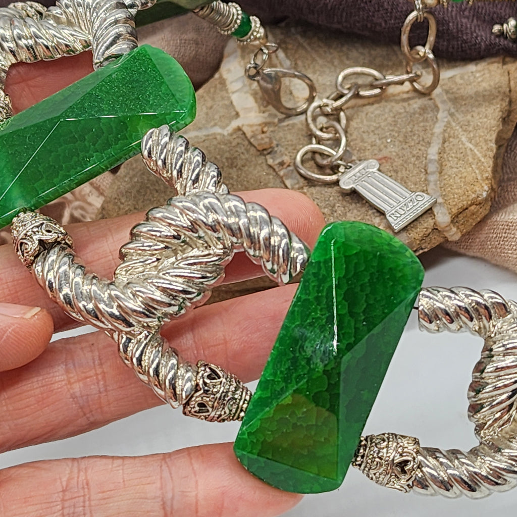 Carleon / Designer Jewelry Artisan Statement Necklace Vintage Silver Natural  Green Agate Stone Sexy Chocker Necklace Gift For Women