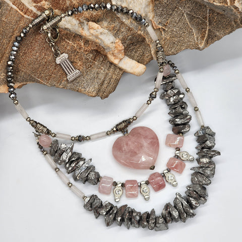 Legend Of LA CORAZÓN / Designer Jewelry Silver Pendant Genuine Rose Quartz Big Heart Necklace Boho Artisan Jewelry Gift Necklace