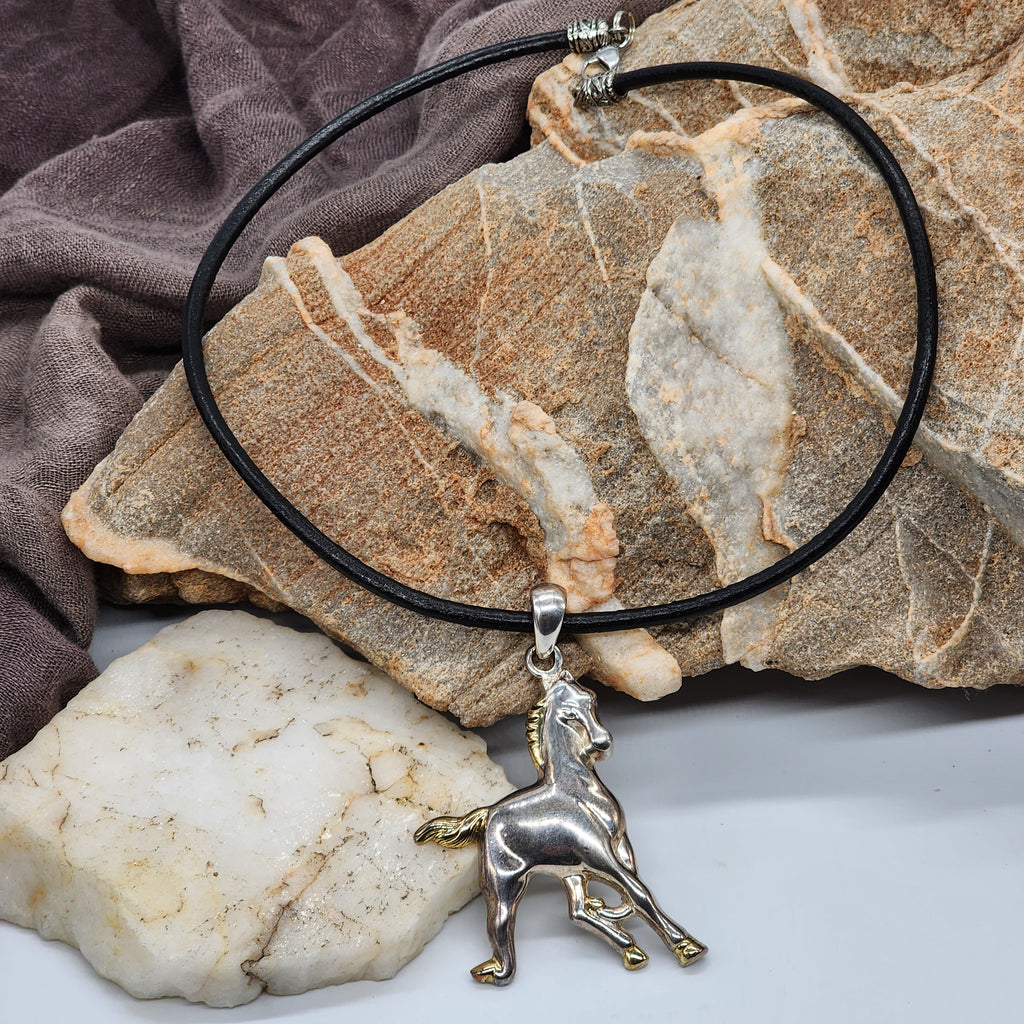 Mustang / Boho Man Artisan Necklace BLACK Italian Leather Vintage Pendant Men's Jewelry