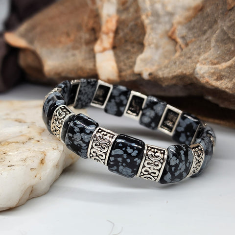The Gravity / Elegant Men's Bracelet Size 8 Genuine Obsidian Stone Mens Gift Silver Jewelry