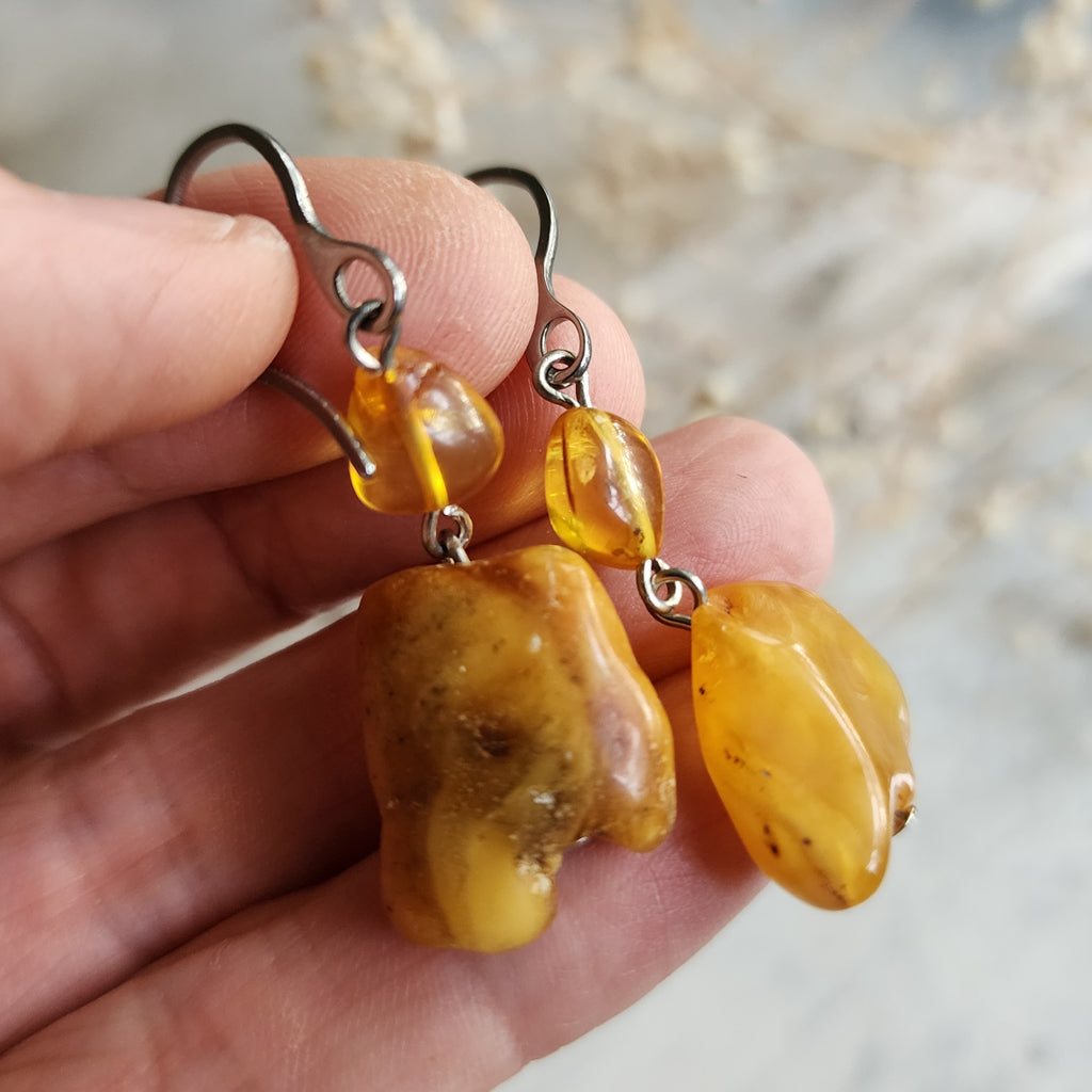 Cinnamon / Designer Jewelry Raw Amber Stone Artisan Earrings Hypoallergenic Jewelry with Natural Amber Gift for Momen