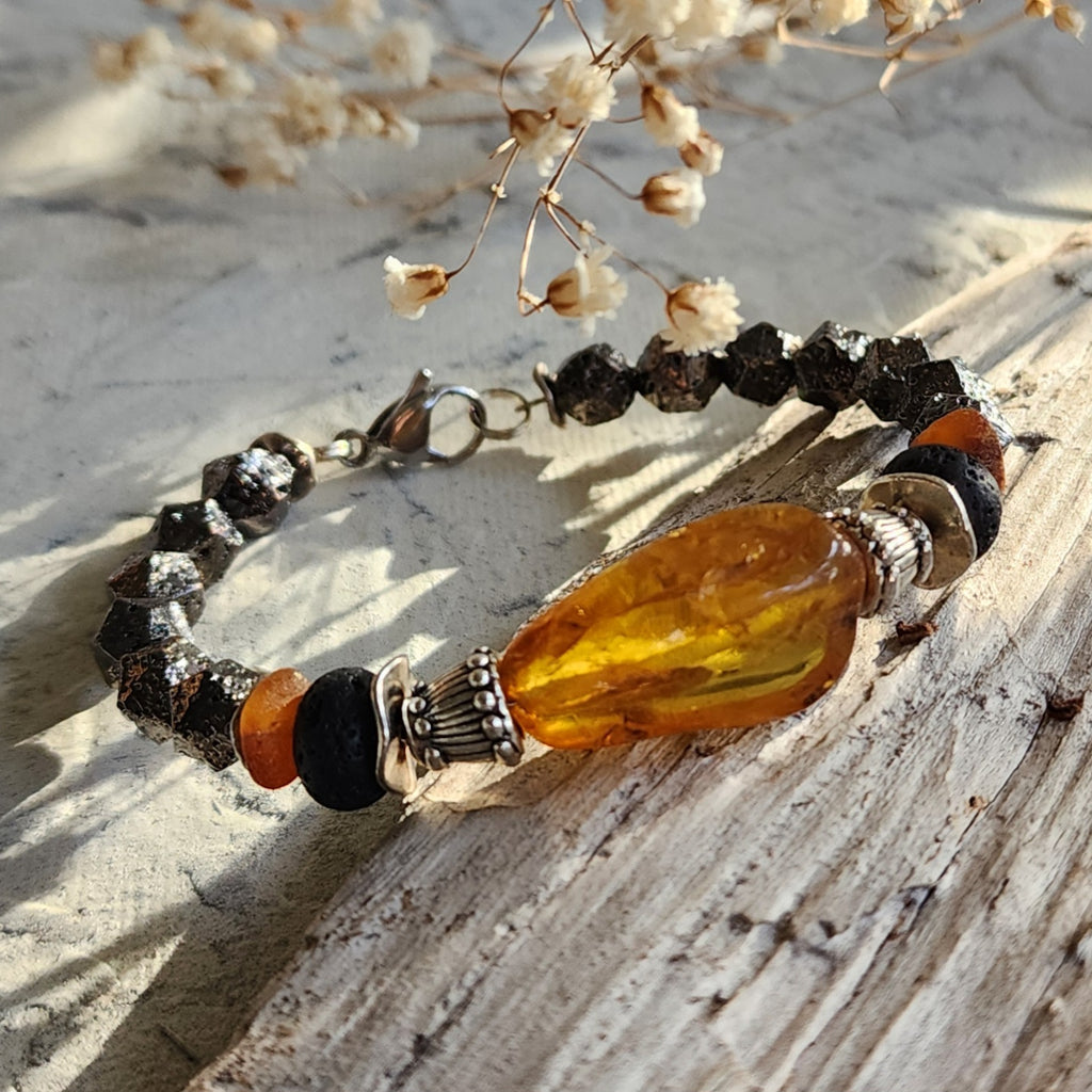 For My One And Only / Designer Jewelry Raw Amber Stone Bracelet Hypoallergenic Leather Bracelet with Natural Amber Gift for Momen