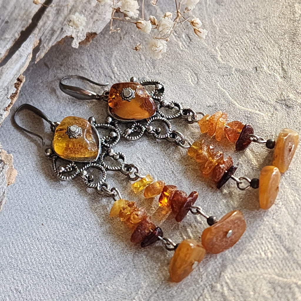 Grand Splendor / Designer Jewelry Raw Amber Stone Earrings Hypoallergenic Artisan Earrings with Natural Amber Gift for Momen