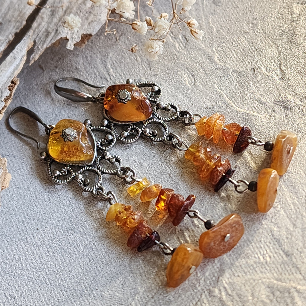 Grand Splendor / Designer Jewelry Raw Amber Stone Earrings Hypoallergenic Artisan Earrings with Natural Amber Gift for Momen