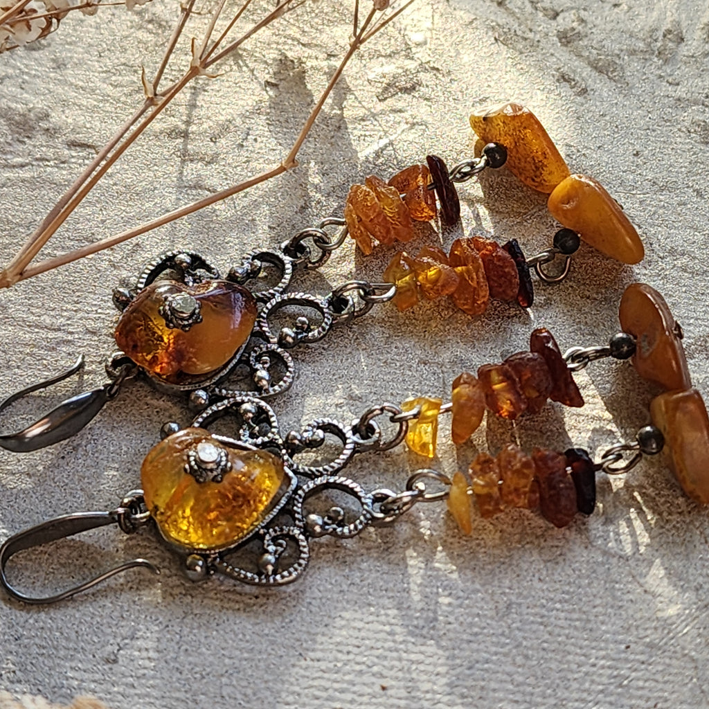 Grand Splendor / Designer Jewelry Raw Amber Stone Earrings Hypoallergenic Artisan Earrings with Natural Amber Gift for Momen