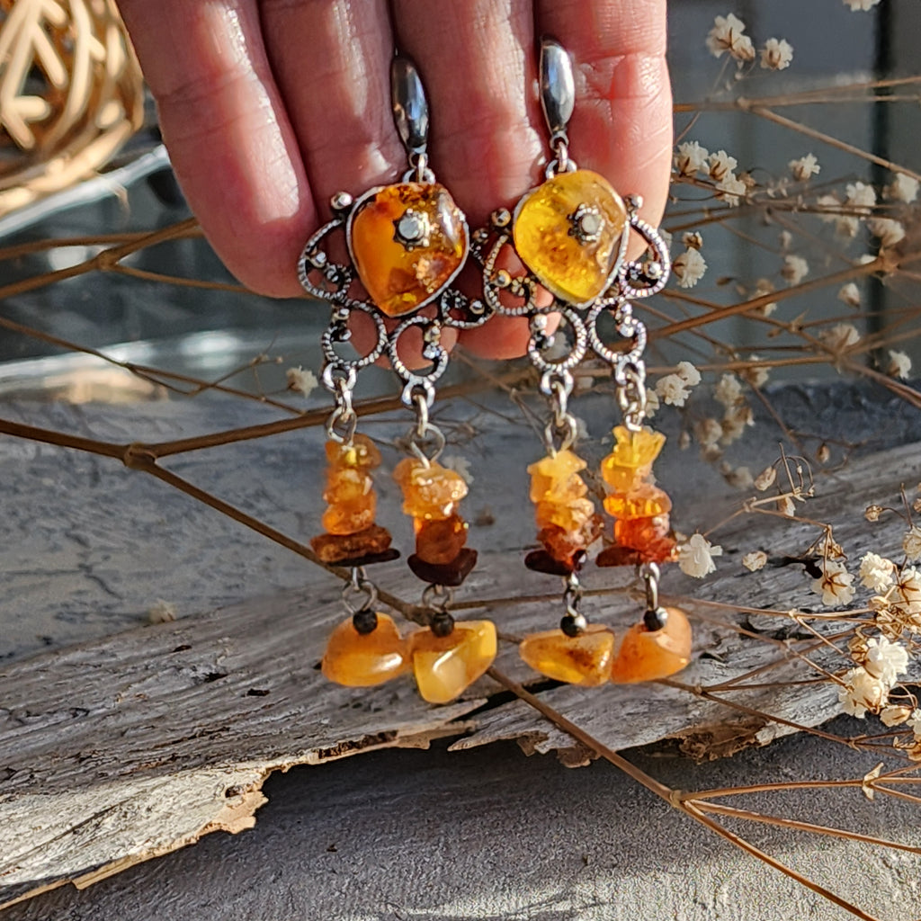 Grand Splendor / Designer Jewelry Raw Amber Stone Earrings Hypoallergenic Artisan Earrings with Natural Amber Gift for Momen