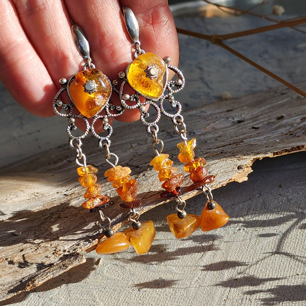 Grand Splendor / Designer Jewelry Raw Amber Stone Earrings Hypoallergenic Artisan Earrings with Natural Amber Gift for Momen