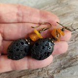 Nature / Designer Jewelry Raw Amber Stone Earrings Hypoallergenic Antique Gold Bronze with Natural Amber Gift for Momen