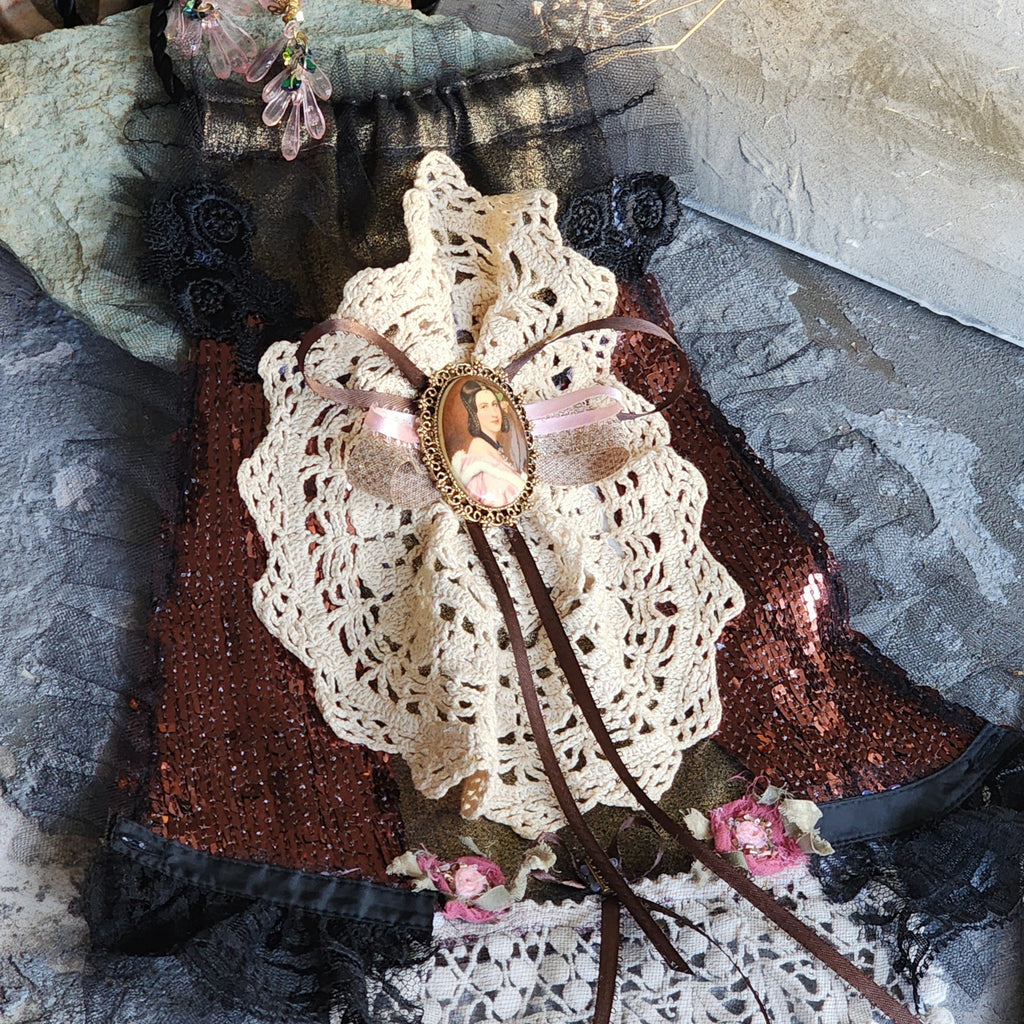 Jane Eyre  / Deigner Necklace Shabby Chic Jabot Large Rose Magnolia Black Bow tie Handcrafted Large Cameo Necklace