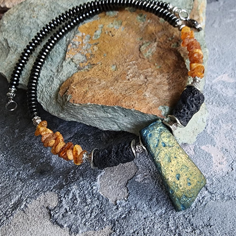 Pumapunku / Designer Jewelry Raw Amber Pyrite Pendant Hypoallergenic Lava Stone Necklace