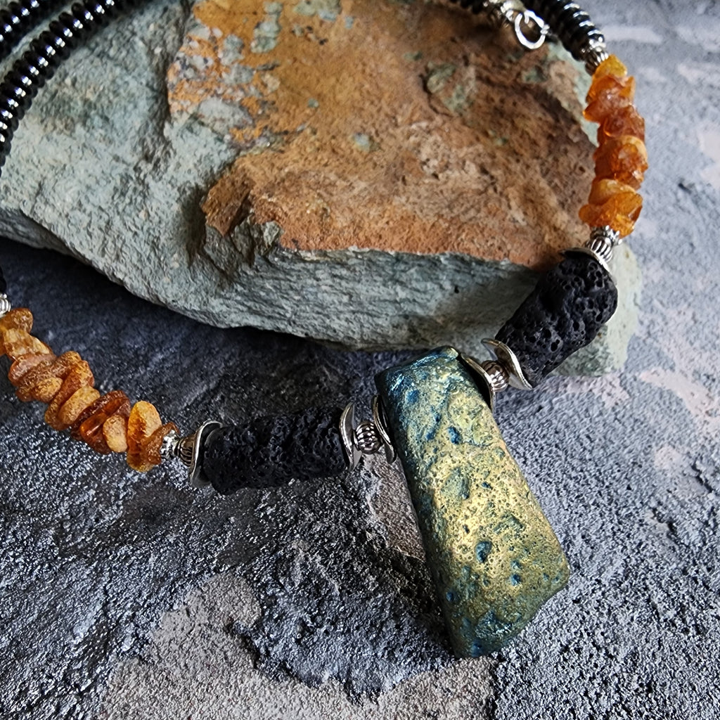 Pumapunku / Designer Jewelry Raw Amber Pyrite Pendant Hypoallergenic Lava Stone Necklace