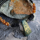 Pumapunku / Designer Jewelry Raw Amber Pyrite Pendant Hypoallergenic Lava Stone Necklace