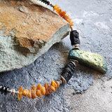 Pumapunku / Designer Jewelry Raw Amber Pyrite Pendant Hypoallergenic Lava Stone Necklace
