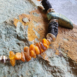 Pumapunku / Designer Jewelry Raw Amber Pyrite Pendant Hypoallergenic Lava Stone Necklace