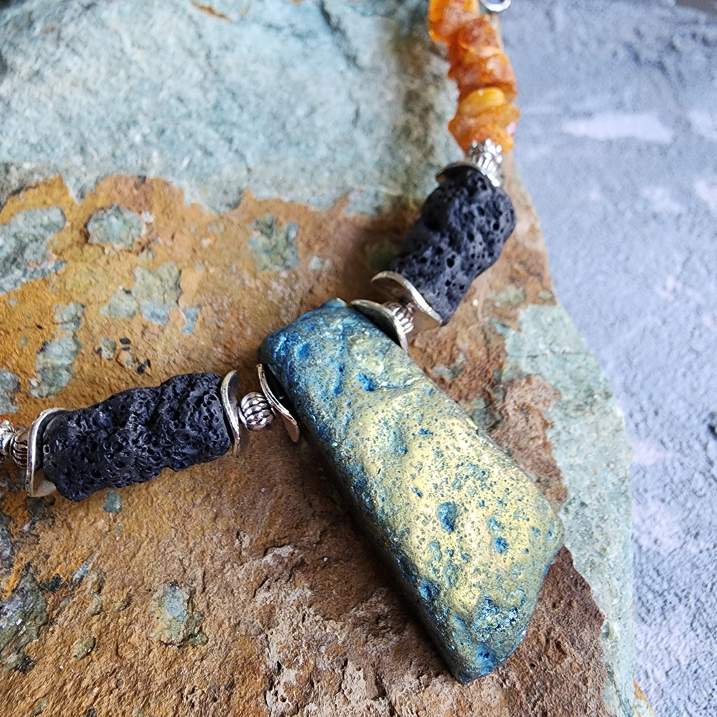 Pumapunku / Designer Jewelry Raw Amber Pyrite Pendant Hypoallergenic Lava Stone Necklace