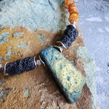 Pumapunku / Designer Jewelry Raw Amber Pyrite Pendant Hypoallergenic Lava Stone Necklace