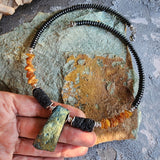 Pumapunku / Designer Jewelry Raw Amber Pyrite Pendant Hypoallergenic Lava Stone Necklace