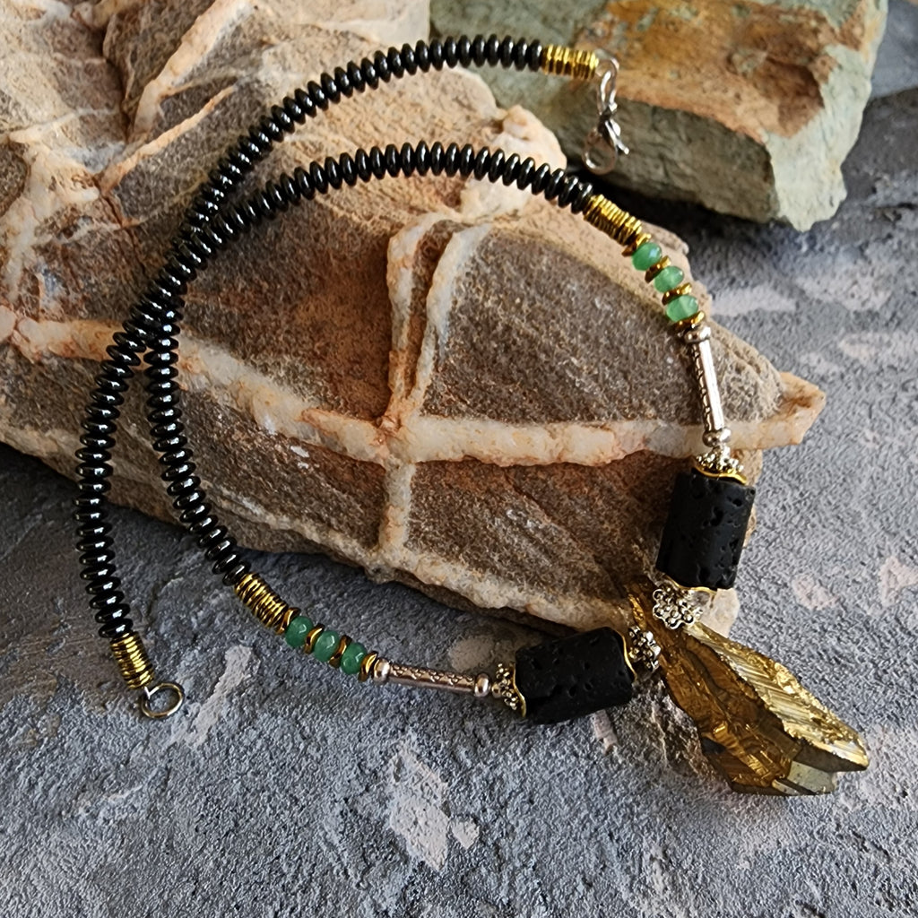 CONTACT IN DESERT / Mens Necklace Gemstone Ancient Aliens Jewelry Tsoukalos Boho Gold