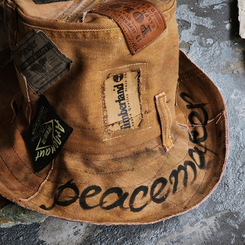 PEACEMAKER / Designer Hat Ripped Patchwork Floppy Top Hat Upcycled Recycled Eco-sustainable
