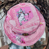 DOGS & HEARTS / Bohemian Shabby Chic Top Hat Upcycled Denim Distressed Boro Dyed Acid-washed