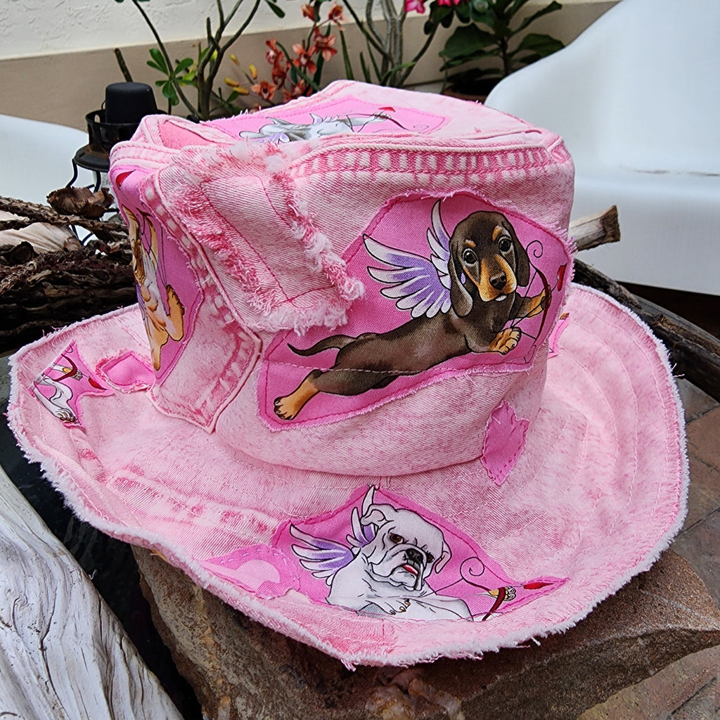 DOGS & HEARTS / Bohemian Shabby Chic Top Hat Upcycled Denim Distressed Boro Dyed Acid-washed