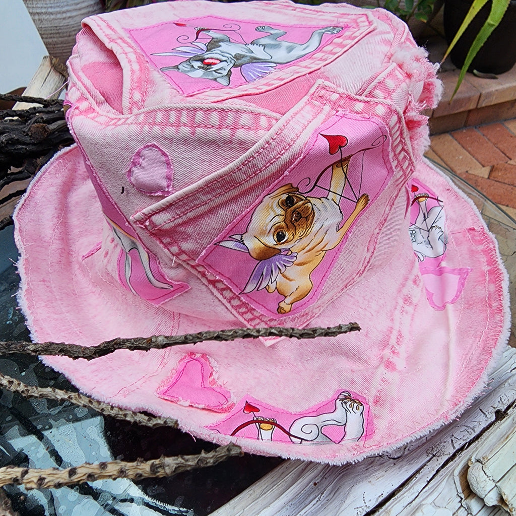 DOGS & HEARTS / Bohemian Shabby Chic Top Hat Upcycled Denim Distressed Boro Dyed Acid-washed