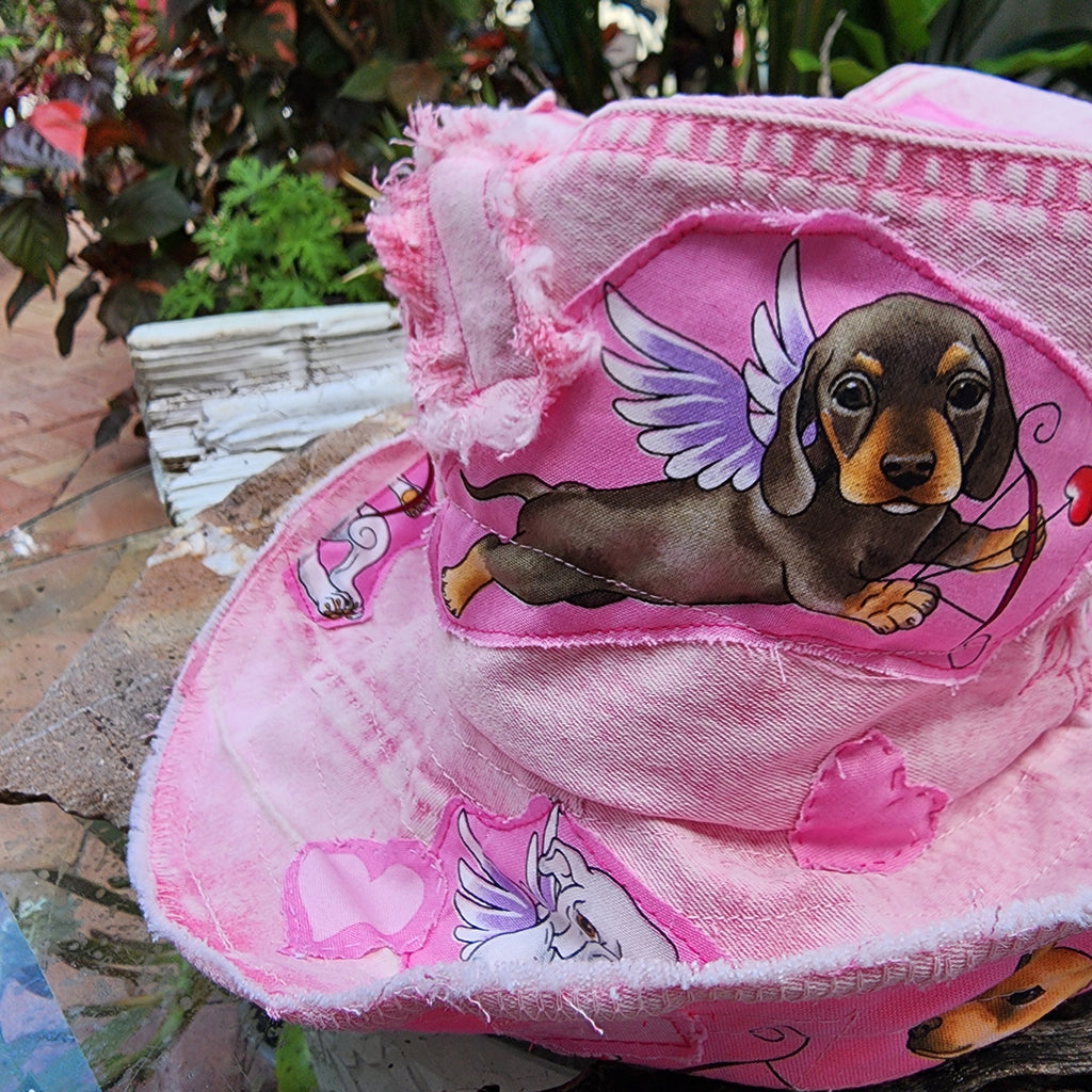 DOGS & HEARTS / Bohemian Shabby Chic Top Hat Upcycled Denim Distressed Boro Dyed Acid-washed