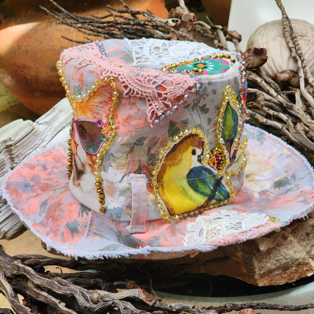 Epic Kat / Designer Hat Designer Hat Ripped Shabby Chic Patchwork Cat Floppy Top Hat Upcycled Recycled  Hand Stitched