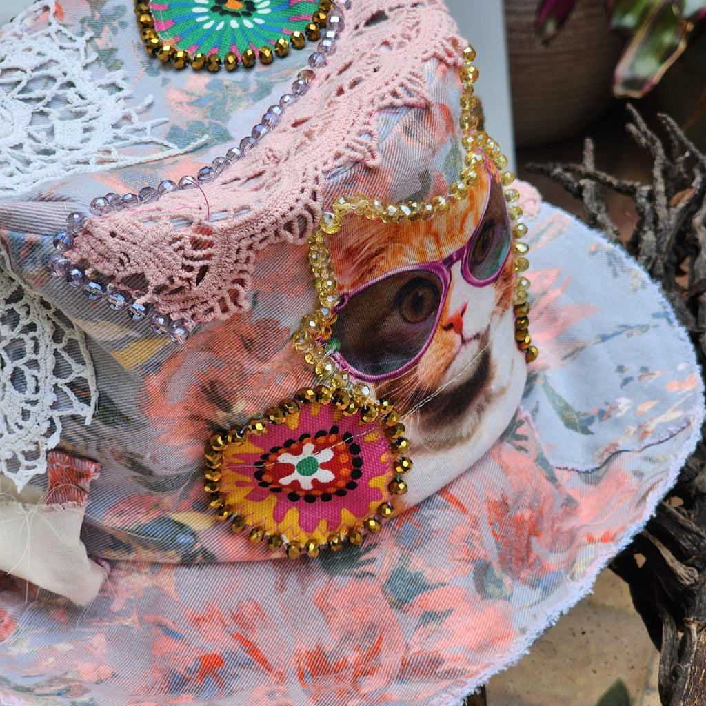 Epic Kat / Designer Hat Designer Hat Ripped Shabby Chic Patchwork Cat Floppy Top Hat Upcycled Recycled  Hand Stitched