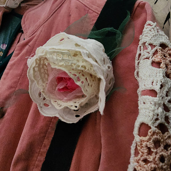 Can I call You Rose / Boho Rose Choker Flower Tie Brooch Clip Upcycled Jabot Magnolia Apple Blossom Upcycled Concept Store