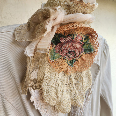 Rose DeWitt /  Designer Necklace Antique Jabot Vintage Lace Jabot Tie Upcycled Vintage Cotton  Bow Jabot Upcycled Silk Tie