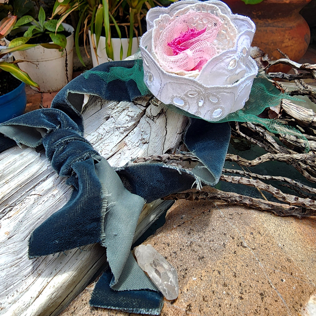 Can I call You Rose / Boho Rose Choker Flower Tie Brooch Clip Upcycled Jabot Magnolia Apple Blossom Upcycled Concept Store
