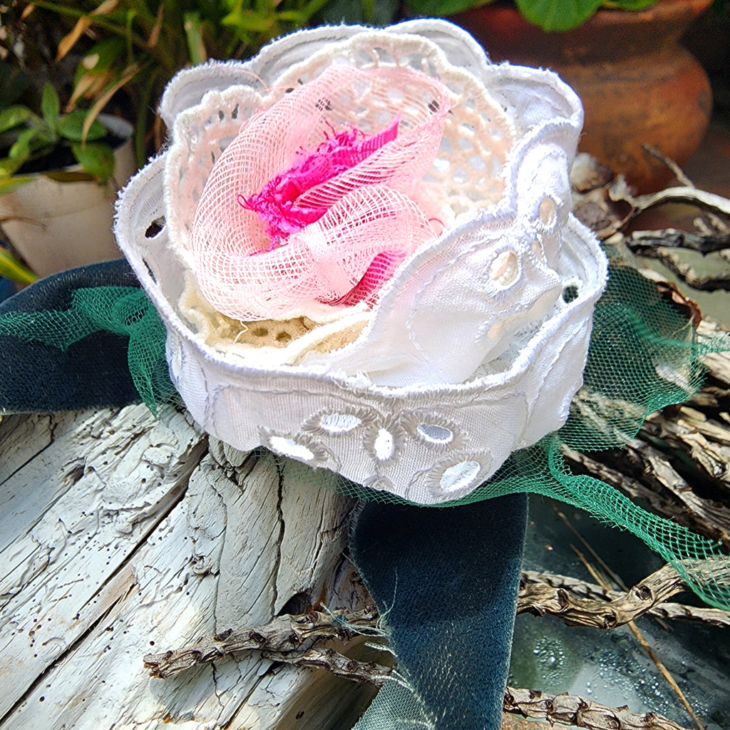 Can I call You Rose / Boho Rose Choker Flower Tie Brooch Clip Upcycled Jabot Magnolia Apple Blossom Upcycled Concept Store