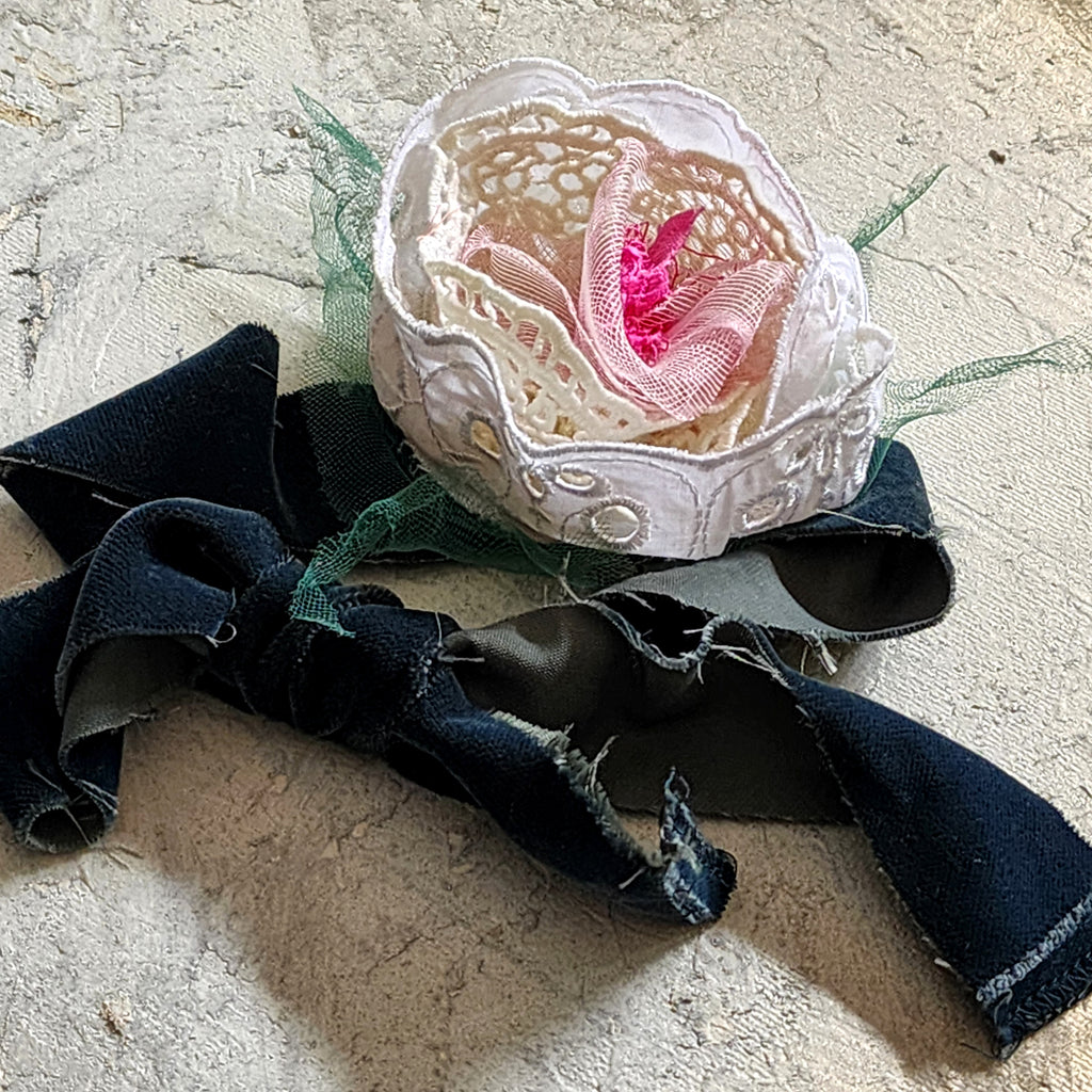 Can I call You Rose / Boho Rose Choker Flower Tie Brooch Clip Upcycled Jabot Magnolia Apple Blossom Upcycled Concept Store